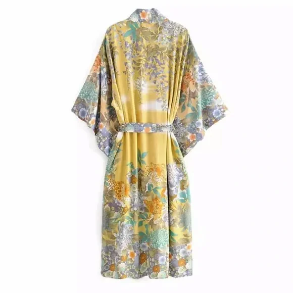 SOLD OUT Yellow Gypsy Willow Floral Open Kimono Duster Robe - Picture 6 of 8
